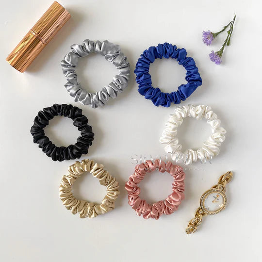 6 Luxury Satin Skinny Scrunchies - Classic Shades