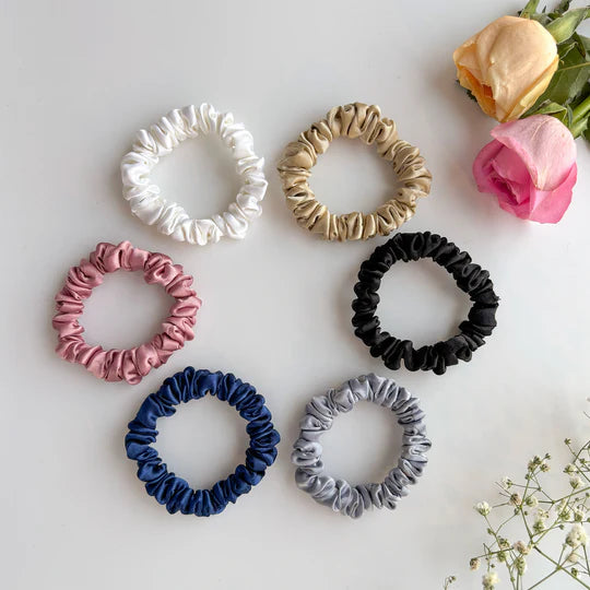 6 Luxury Satin Skinny Scrunchies - Classic Shades