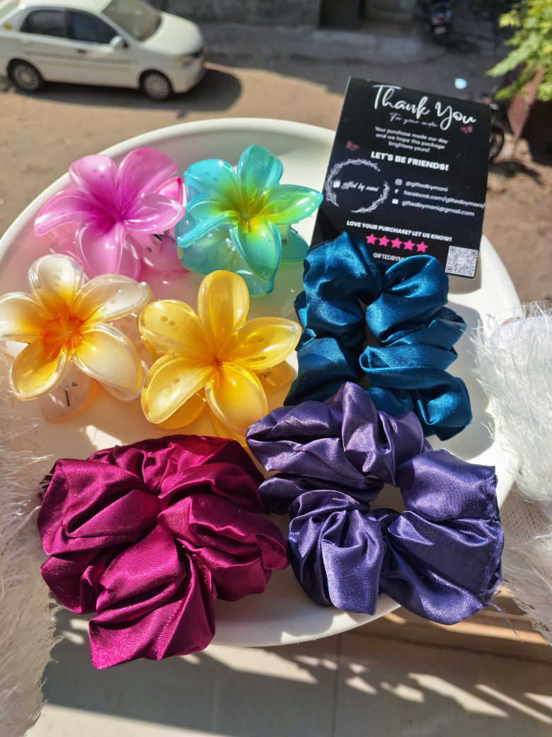 Tropical Flower Claw Clips & Satin Scrunchies Set Gifted by Moni