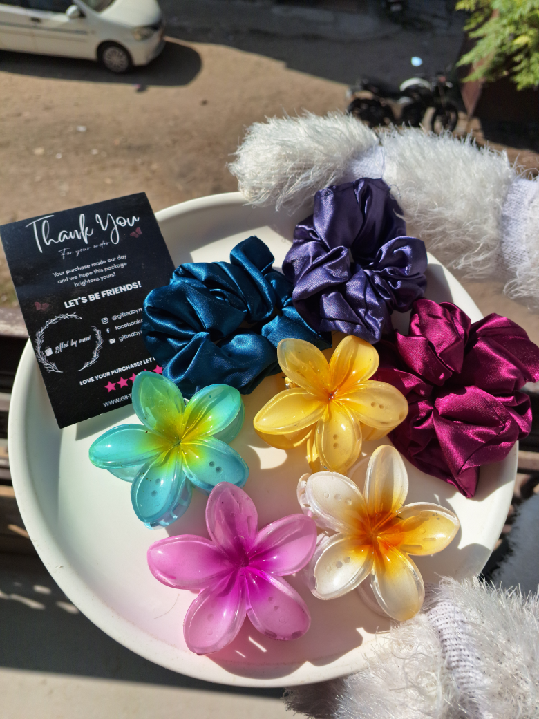 Tropical Flower Claw Clips & Satin Scrunchies Set Gifted by Moni
