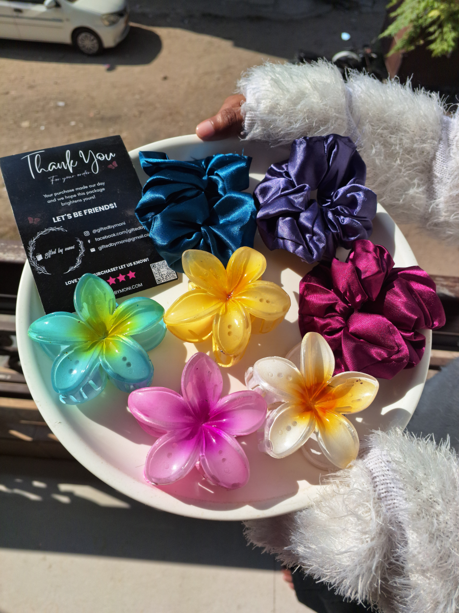 Tropical Flower Claw Clips & Satin Scrunchies Set Gifted by Moni