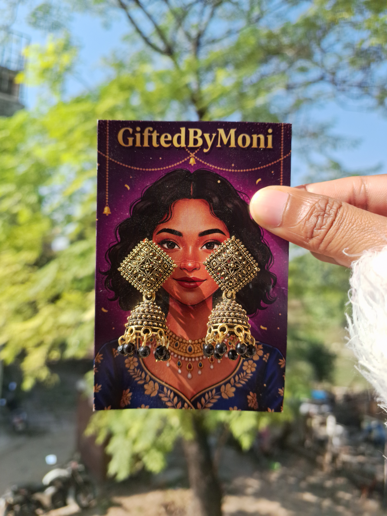 Antique Gold Square Jhumka Earrings with Black Beads Gifted by Moni