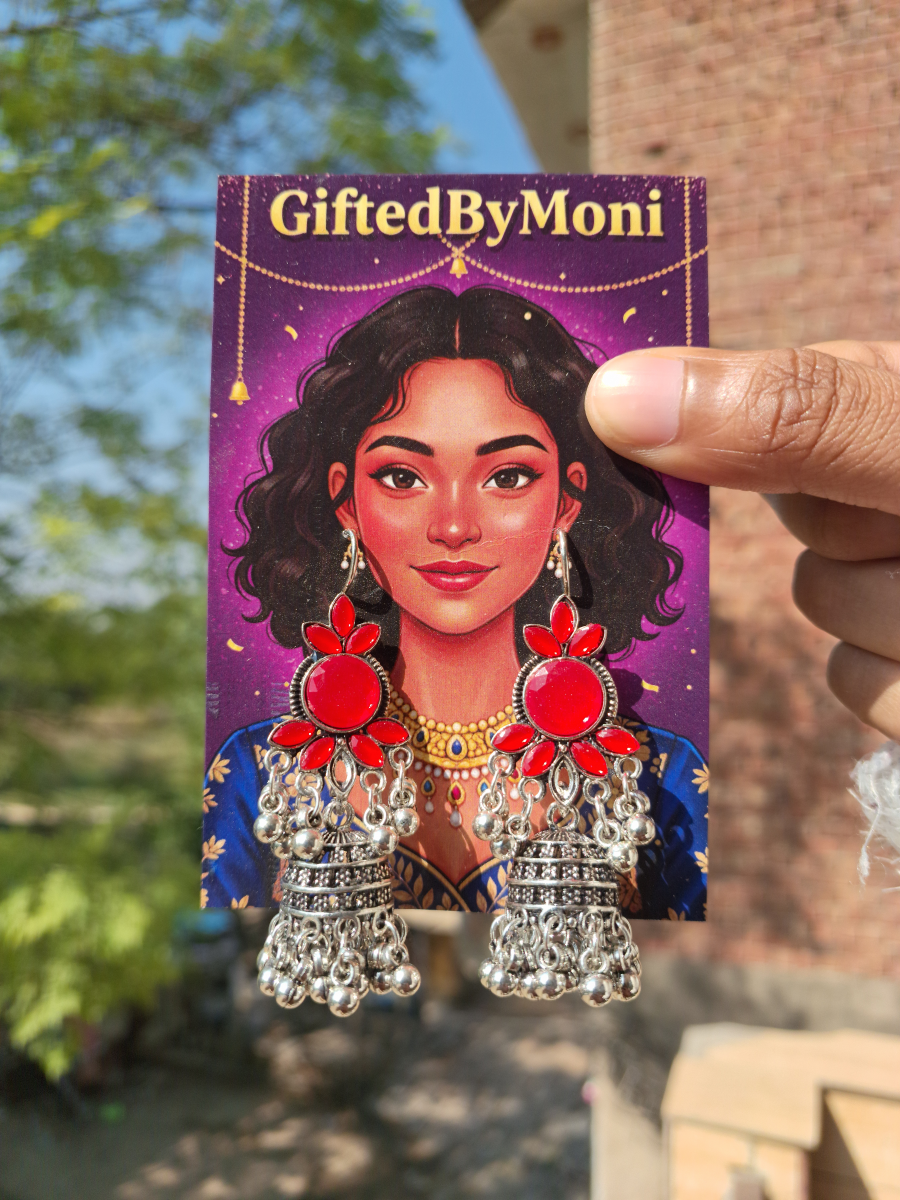 Oxidized Silver Jhumka Earrings with Red Stone Drop Earrings Gifted by Moni