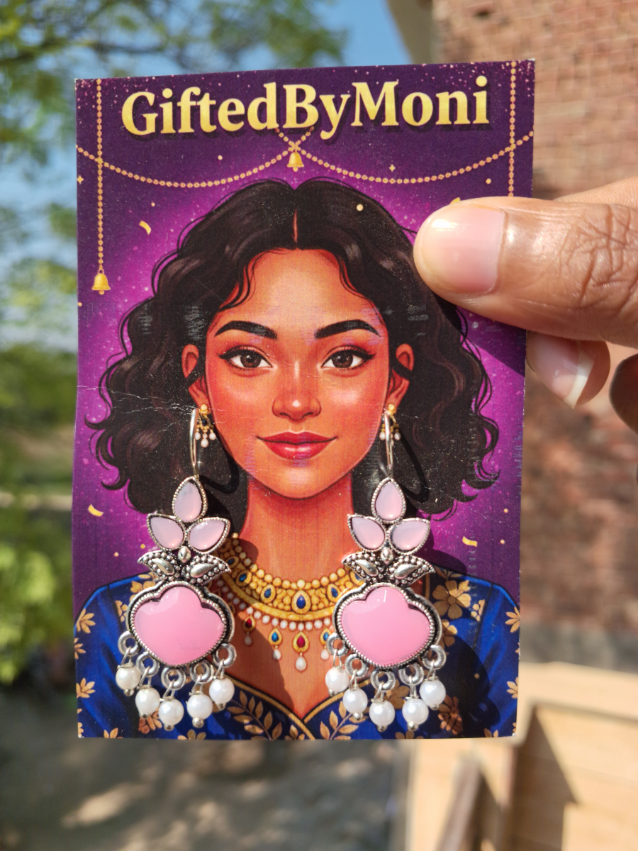 Oxidized Silver Pink Stone Pearl Earrings Gifted by Moni