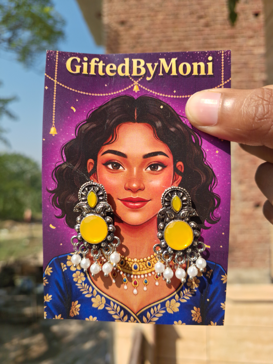 Oxidized Silver Yellow Stone Pearl Earrings Gifted by Moni