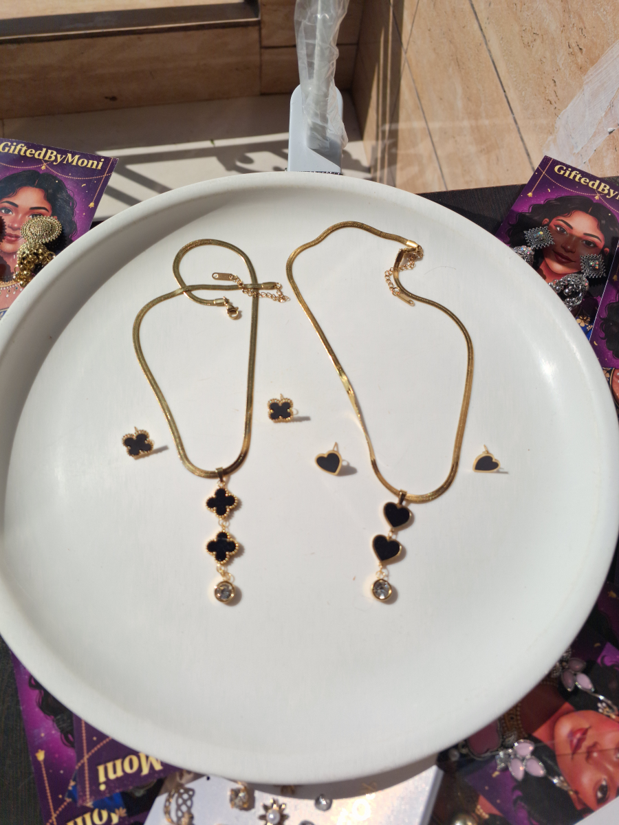 Clover Necklace & Heart Necklace with Gold Snake Chain Set Gifted by Moni