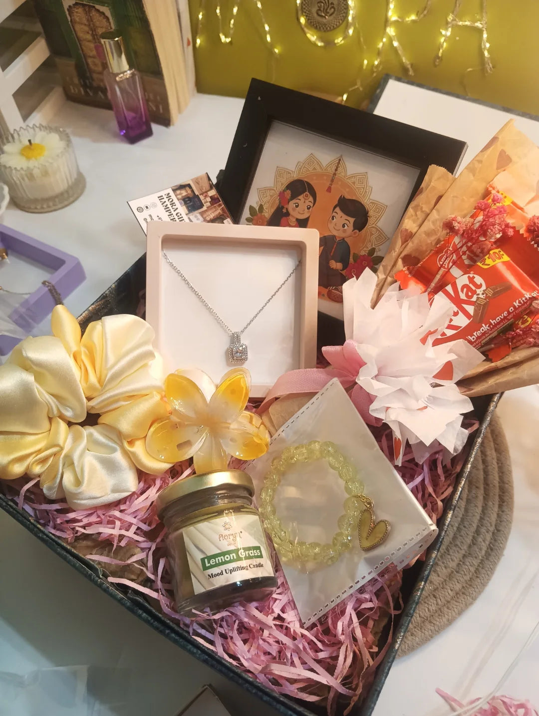 Cute & Personalized Gift Hamper – Necklace, Accessories & Mithans