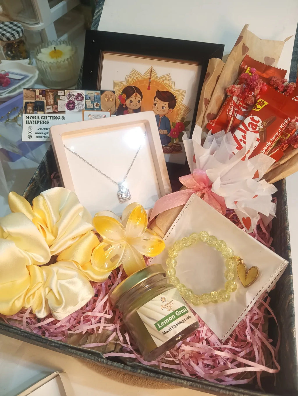 Cute & Personalized Gift Hamper – Necklace, Accessories & Mithans