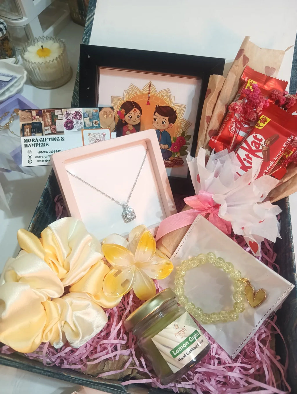 Cute & Personalized Gift Hamper – Necklace, Accessories & Mithans