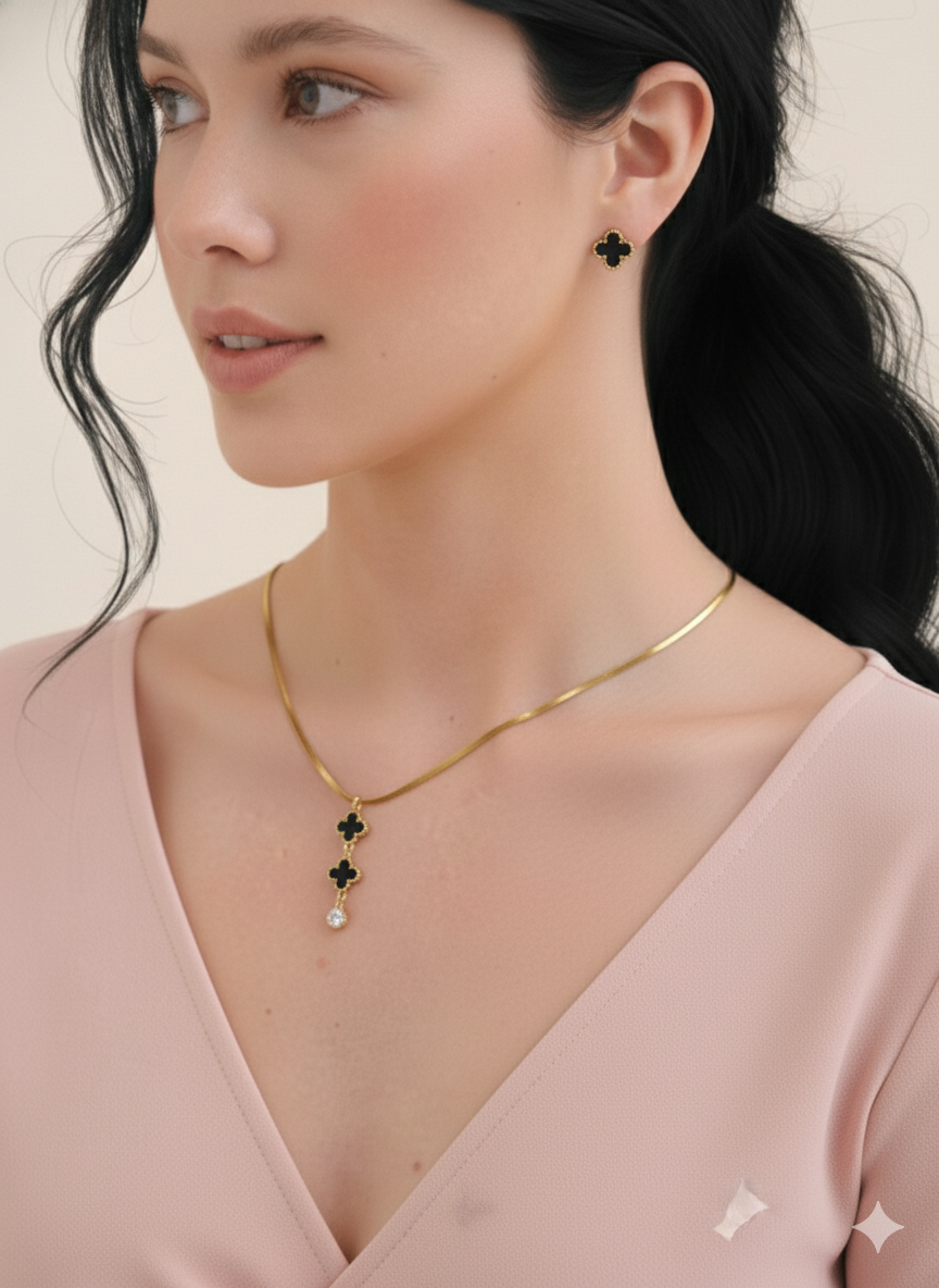 Clover Pendant Necklace & Earrings Set – Elegant Black Enamel Love Edition | Gifted by Moni