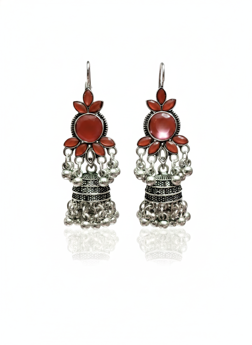 Oxidized Silver Jhumka Earrings with Red Stone Drop Earrings Gifted by Moni