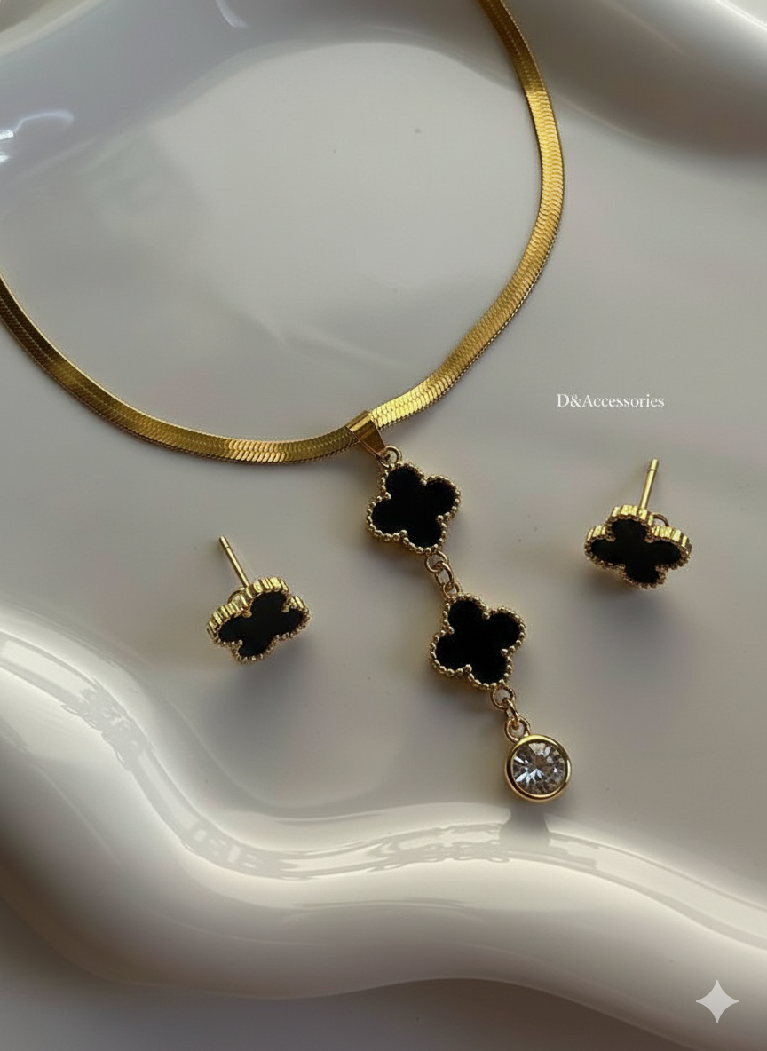 Clover Pendant Necklace & Earrings Set – Elegant Black Enamel Love Edition | Gifted by Moni