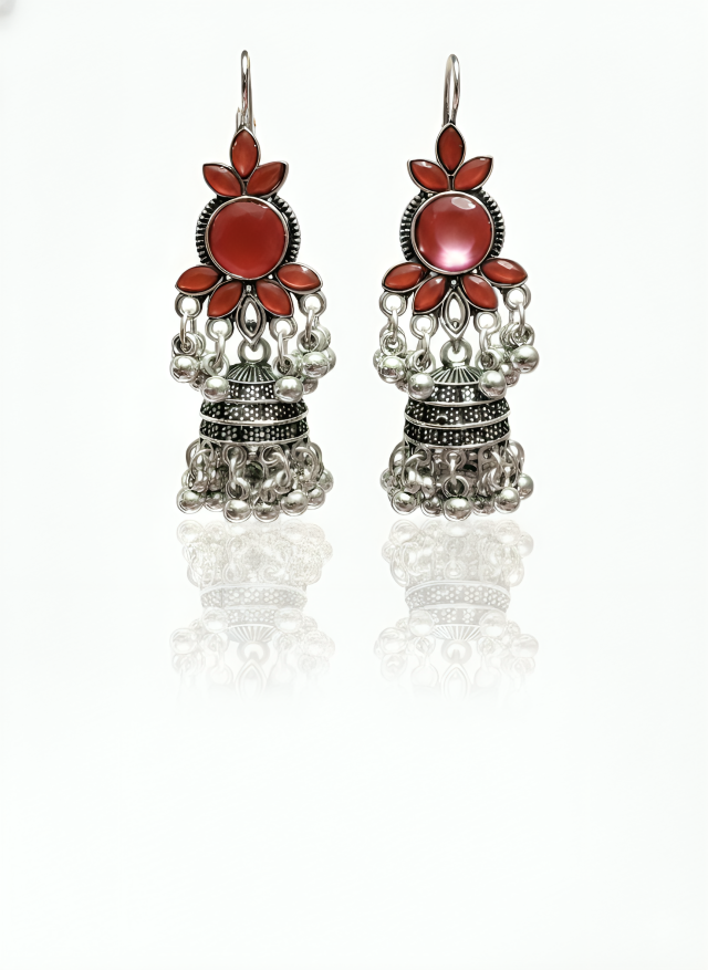 Oxidized Silver Jhumka Earrings with Red Stone Drop Earrings Gifted by Moni