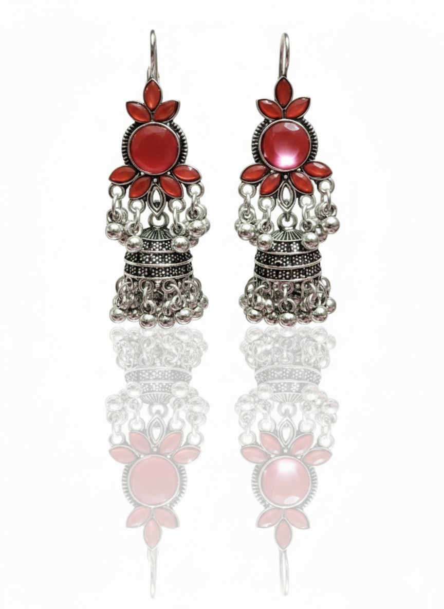 Oxidized Silver Jhumka Earrings with Red Stone Drop Earrings Gifted by Moni