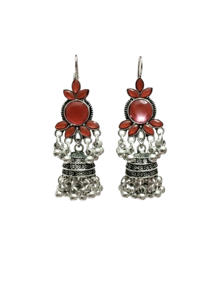 Oxidized Silver Jhumka Earrings with Red Stone Drop Earrings Gifted by Moni