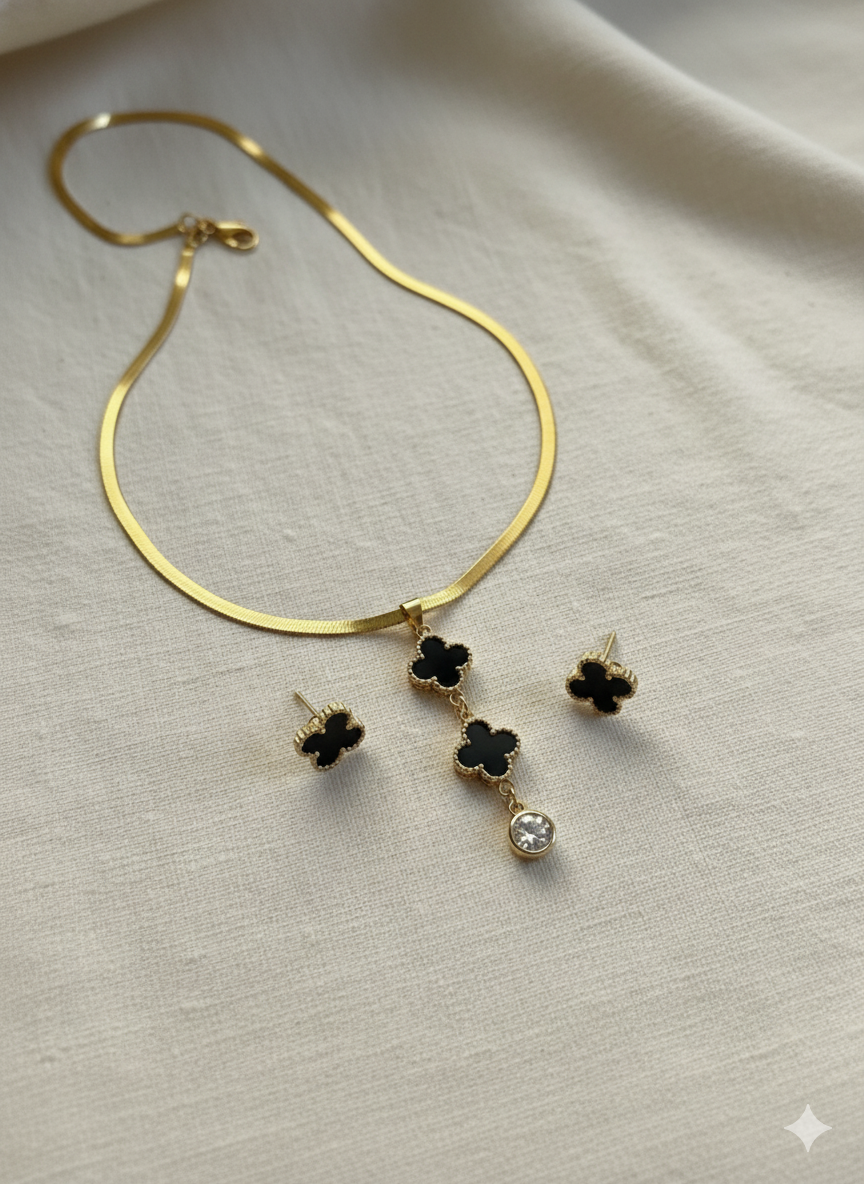 Clover Pendant Necklace & Earrings Set – Elegant Black Enamel Love Edition | Gifted by Moni